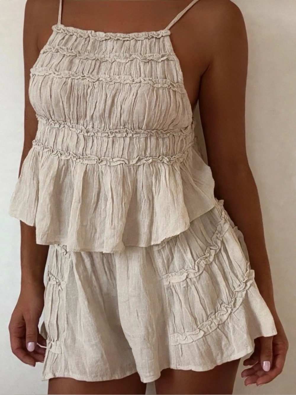 FREE PEOPLE ANGELINA COTTON 2 PIECE SHORTS SET FREE-EST WHIMSY BOHO RESORT Tan M